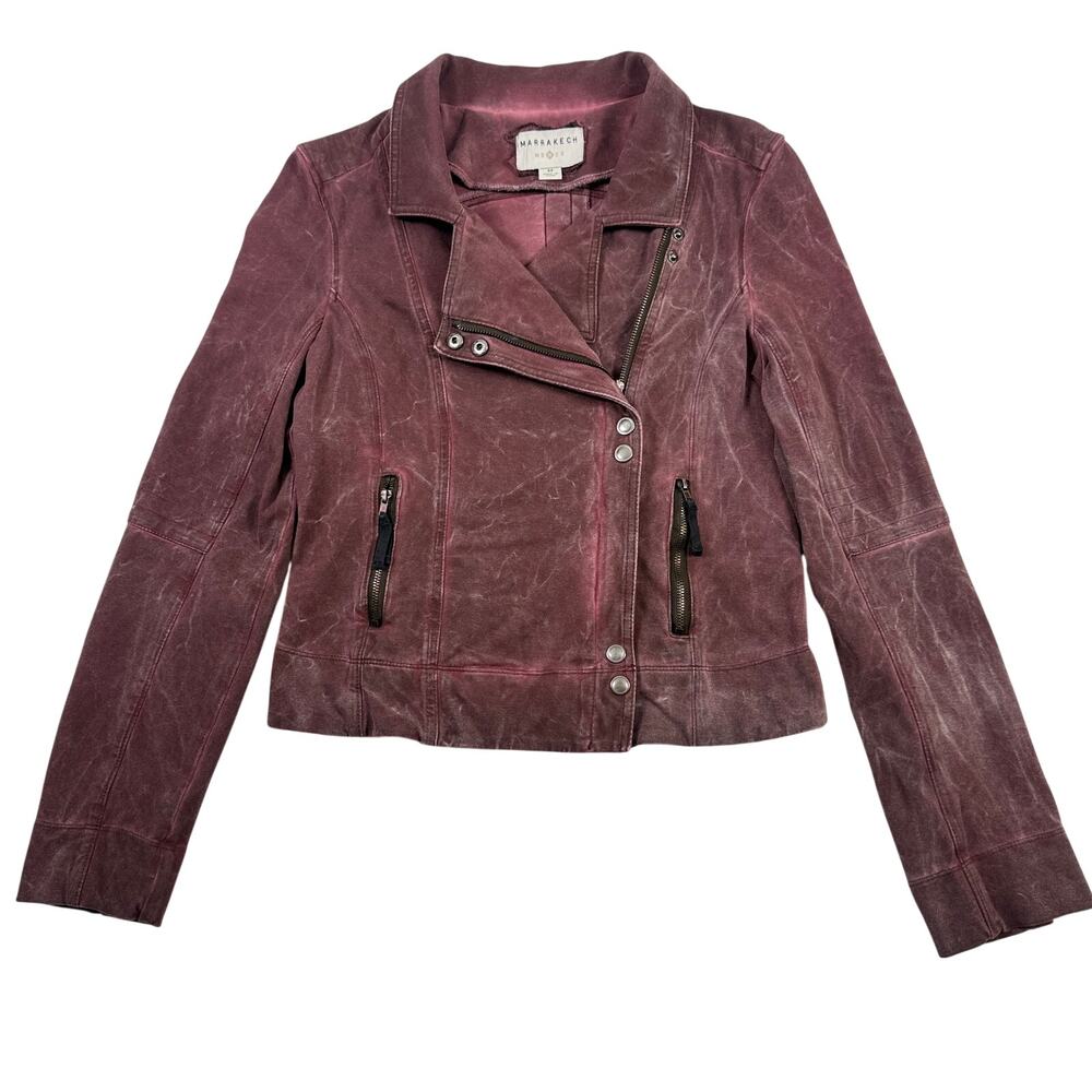 Marrakech Moto Jacket Womens Medium Burgundy Distressed Stretch Cotton Biker